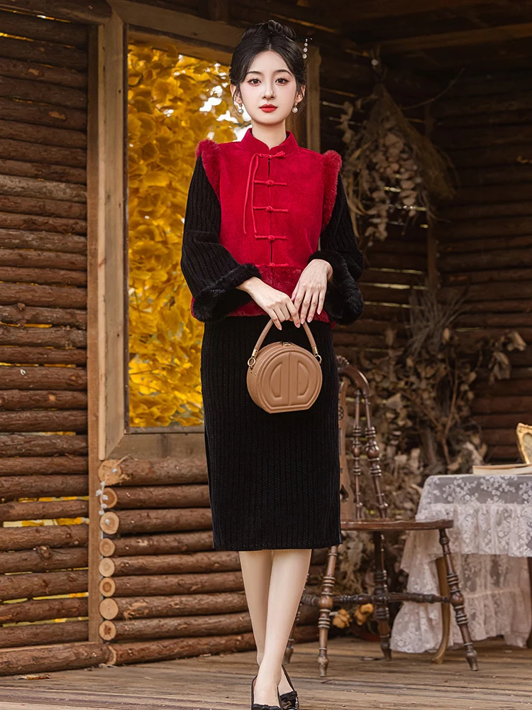 

Bla Long Sve Qipao Dr with Fce And Thi Vest Set Women's Winter Faion Retro Sle f round Collar Low ...