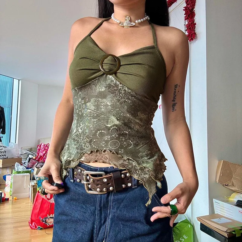 

Trendy Y2K Vintage Printed Halter Crop Top For Women Harajuku Irregular Mesh Patchwork Halter Neck Vest Summer Blouse Streetwear