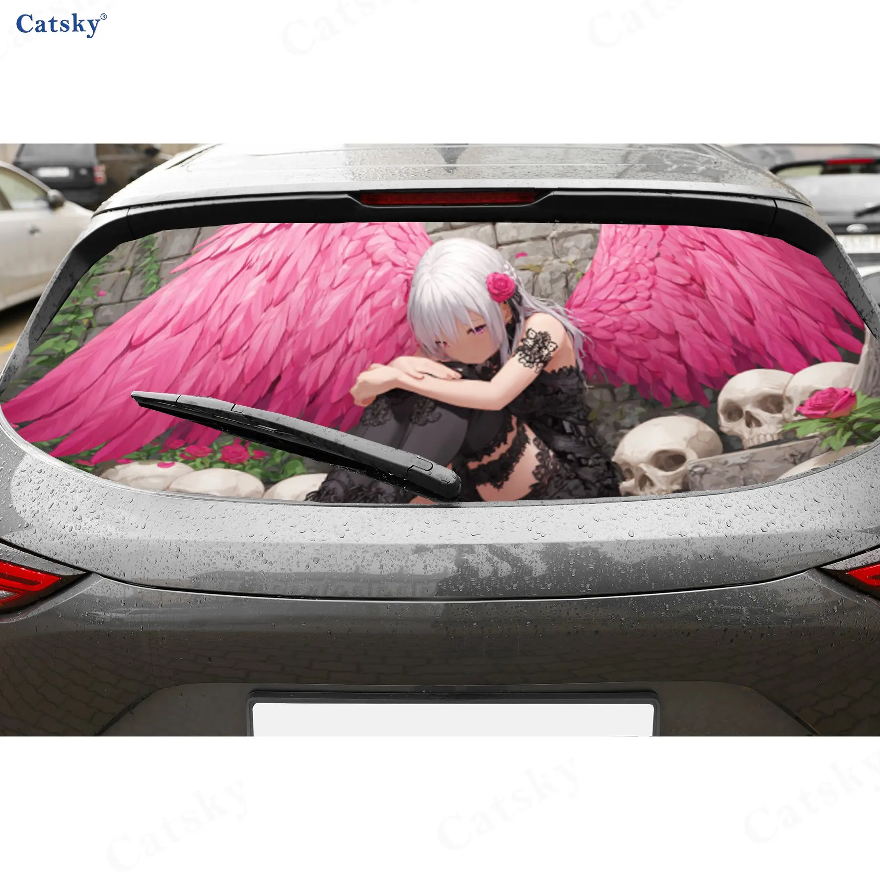 

Gothic Dark Pink Wings Angel Girl Skull PVC Perforated Car Vinyl Wraps, Durable Car Rear Windshield Sticker, Waterproof Car Rear