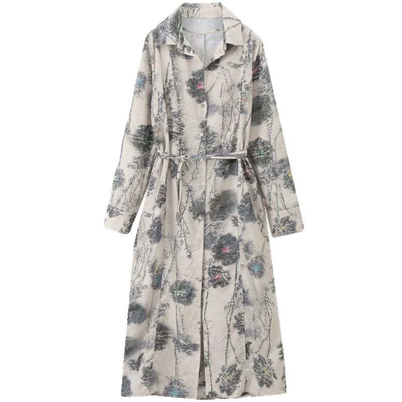 Ele Long Sve  Collar Print irt Dr Women's Spring 2024 New Sle Belted Casual Chic Maxi Dr