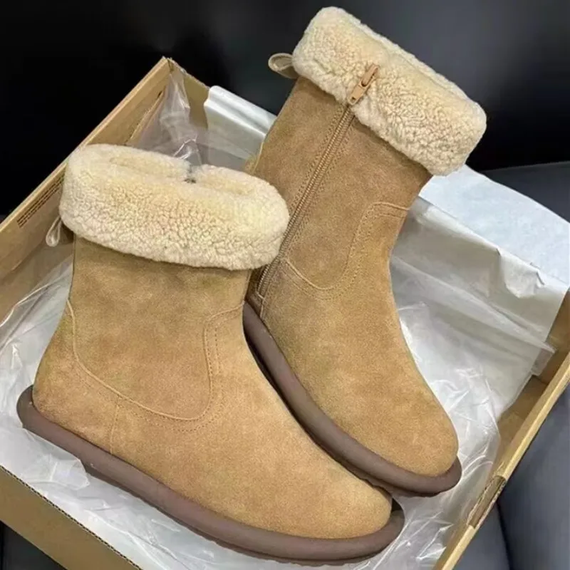 Women's Winter New Genuine Leather Real Wool Snow Boots Lamb Wool fleece-lined Thickened Warm Cotton Shoes Flat Short Boots