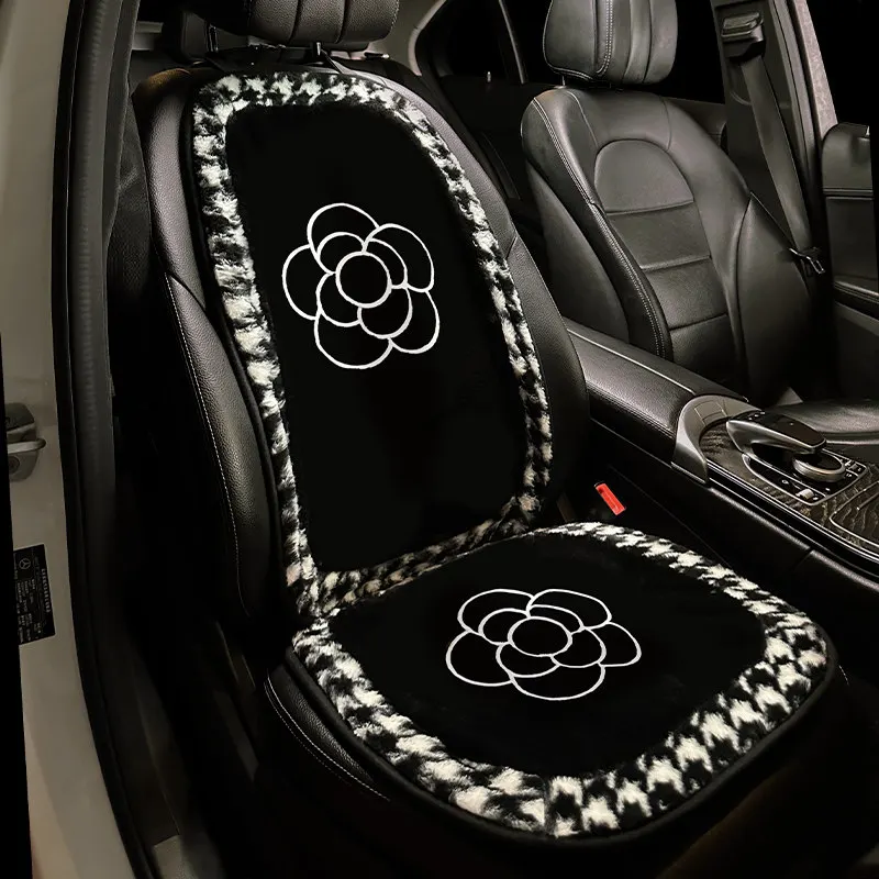 Houndstooth & Camellia Car Seat Cushion, Winter Fleece-Lined High-End Car Neck Pillow, Plush Cute Single Seat Pad