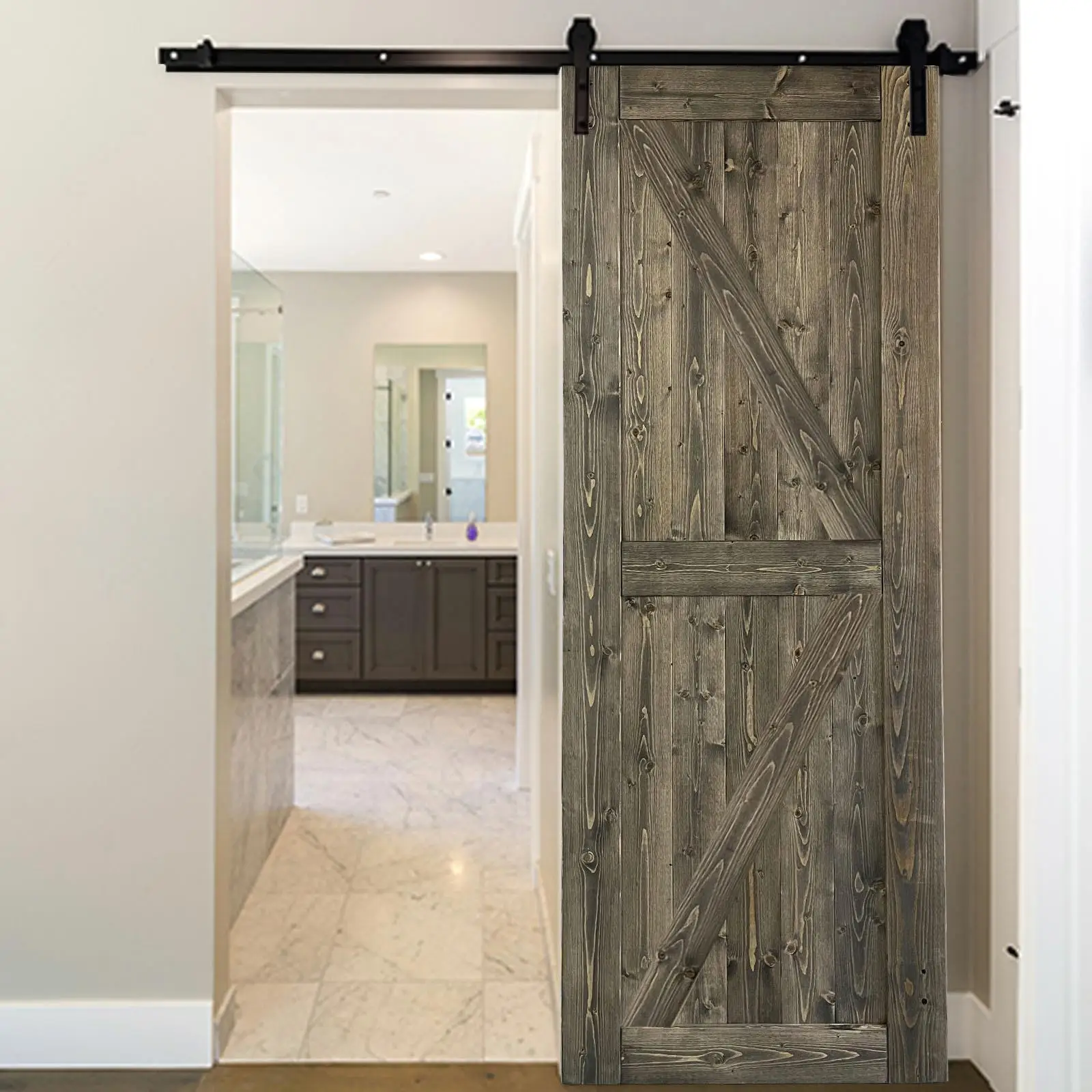 30 in. x 84 in. Sliding Barn Door with 5FT Barn Door Hardware Kit & Handle ，K Frame，Solid Spruce Wood，gray spray paint