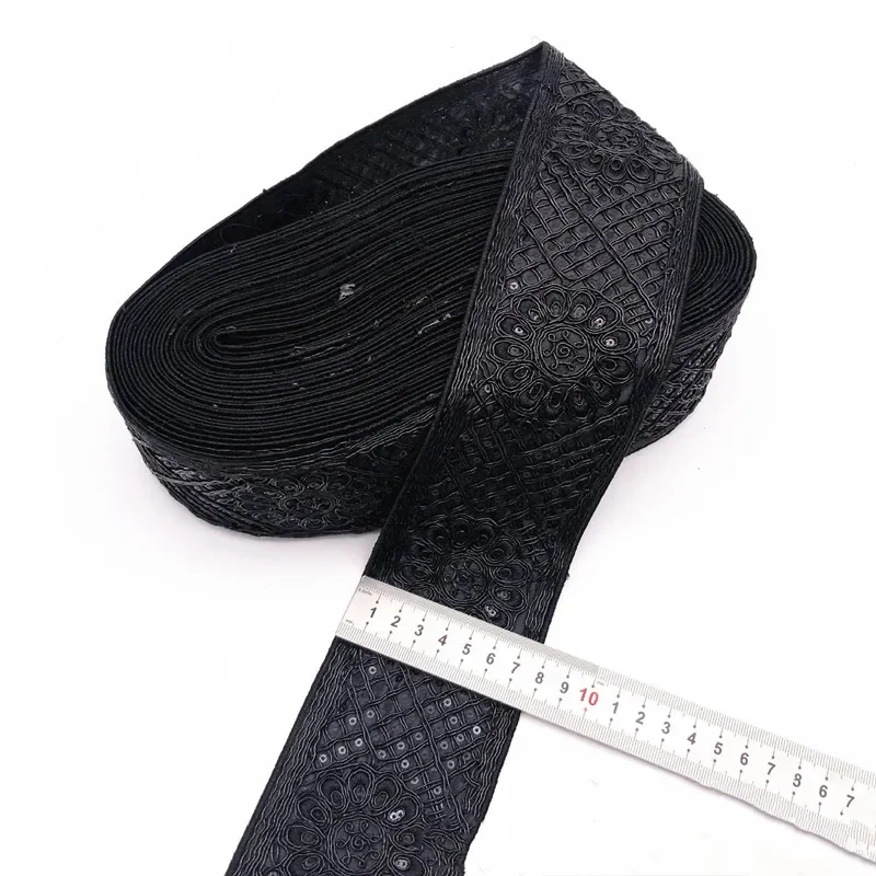 1 Yards Sequin Black Fabric Ribbon Lace Trims Floral Decorative Embroidered for Handmade Supplies Garments Headdress Sewing