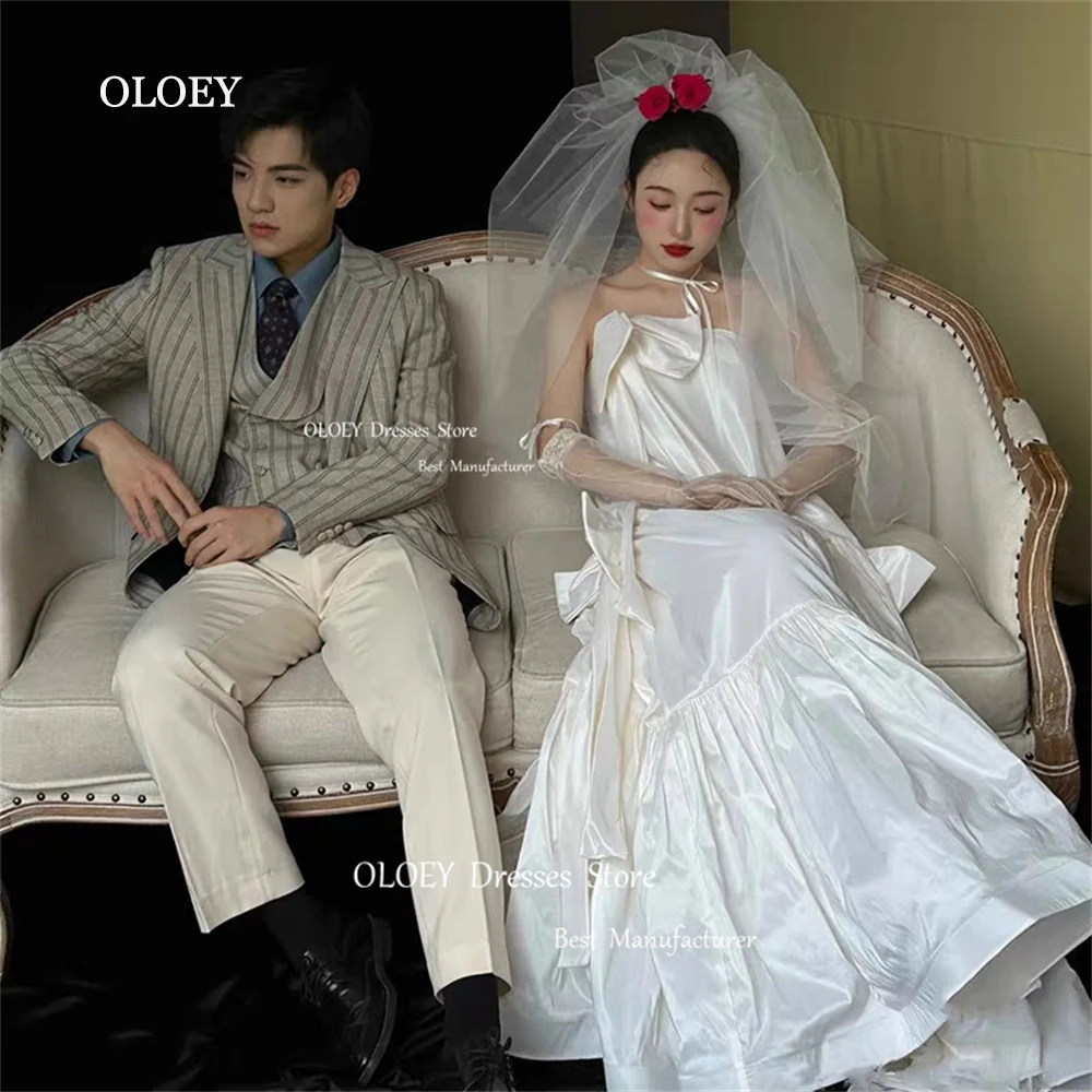 

OLOEY Simple Strapless Wedding Dresses Japan Photoshoot Pleated Satin Bows Bridal Gowns Sleeveless Floor Length Perform Dress