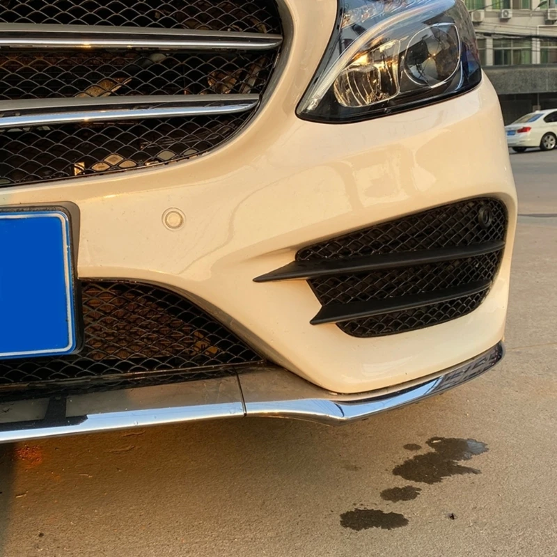Left and Right Fog Light Grilles for 2015-2018 W205 C205 S205, Black Hexagonal Cell Design with Two Horizontal Bars on Each