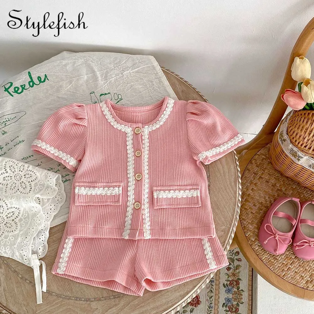 INS Summer New Baby Cotton Pink Bubble Sleeve Top+Versatile Flat Corner Shorts Small Fragrance Style 2 Piece Set for Girls