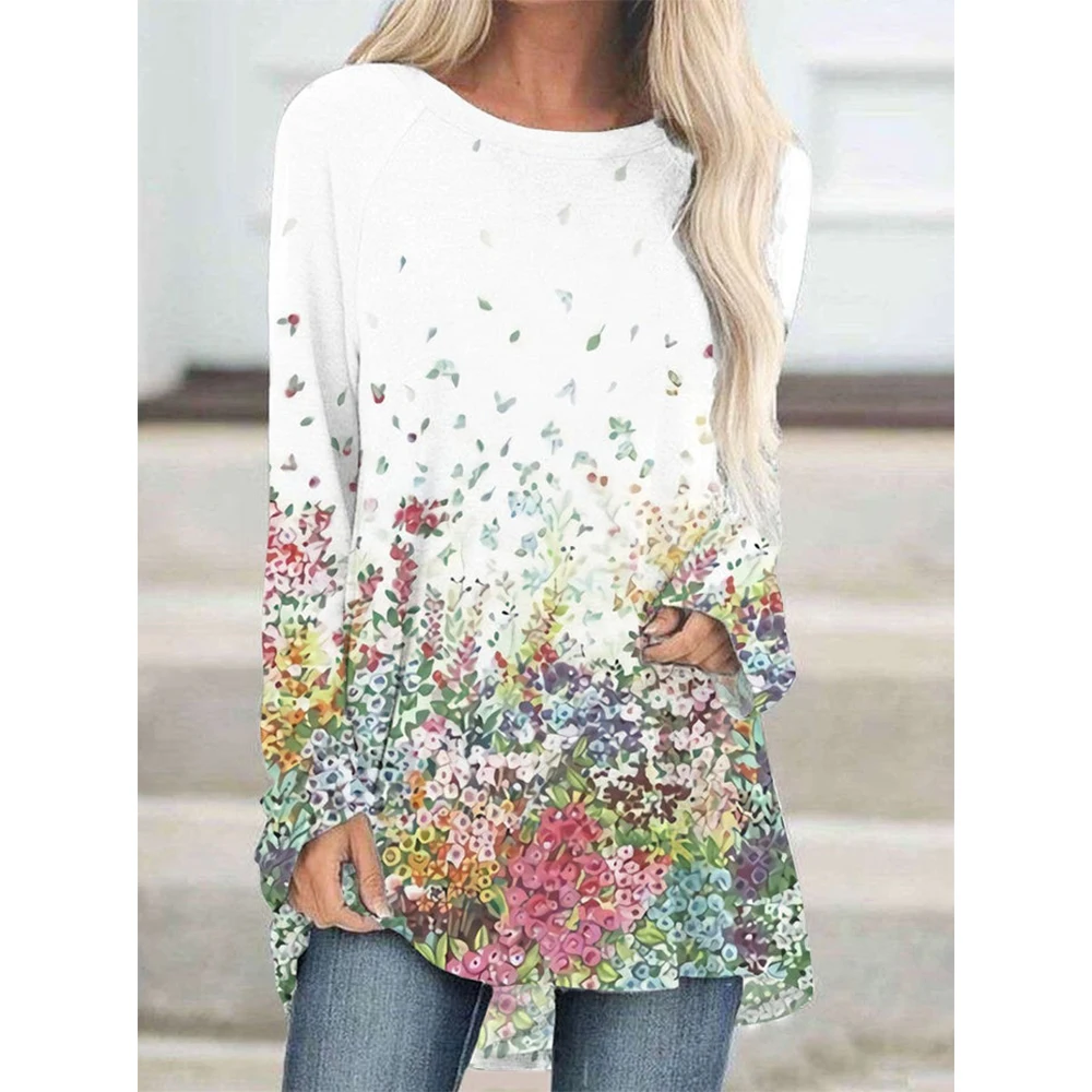 

CLOOCL Women Floral T-Shirt Pullover Tops Long Sleeve Shirt Little Flowers Pattern 3D Print Tee Loose Female Aesthetic Clothing