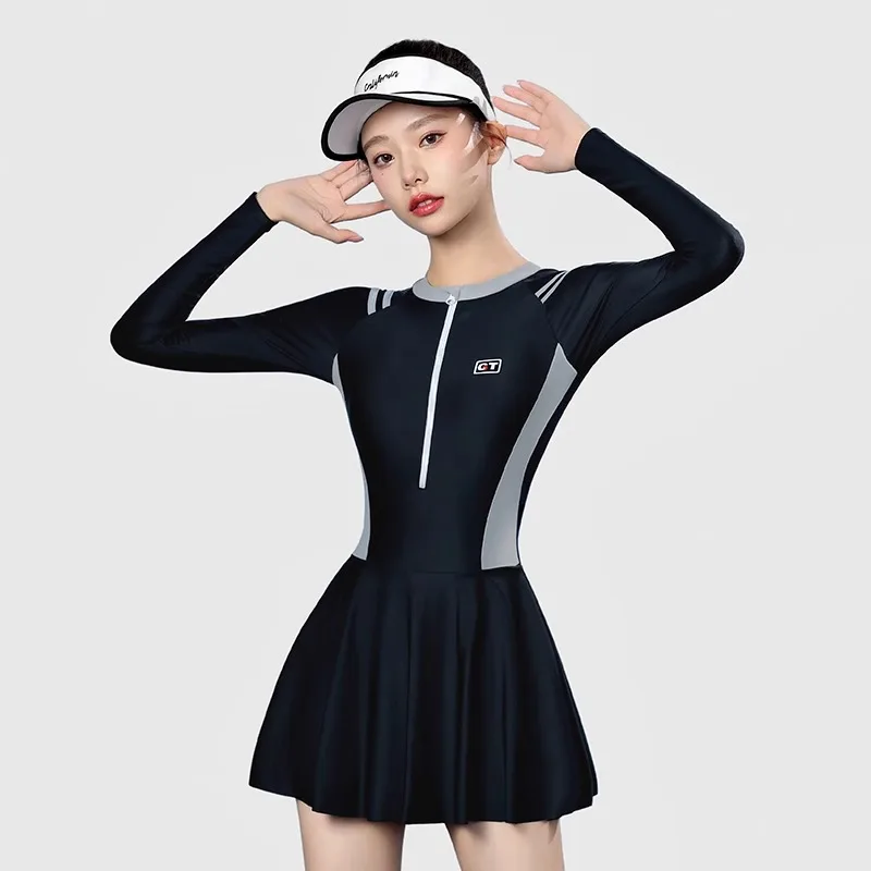 

Women Long Sleeve WaterProof Sexy Push Up Front Zipper Beach Swim Skirts One Piece Professional Quick-Drying Surfing SwimWear