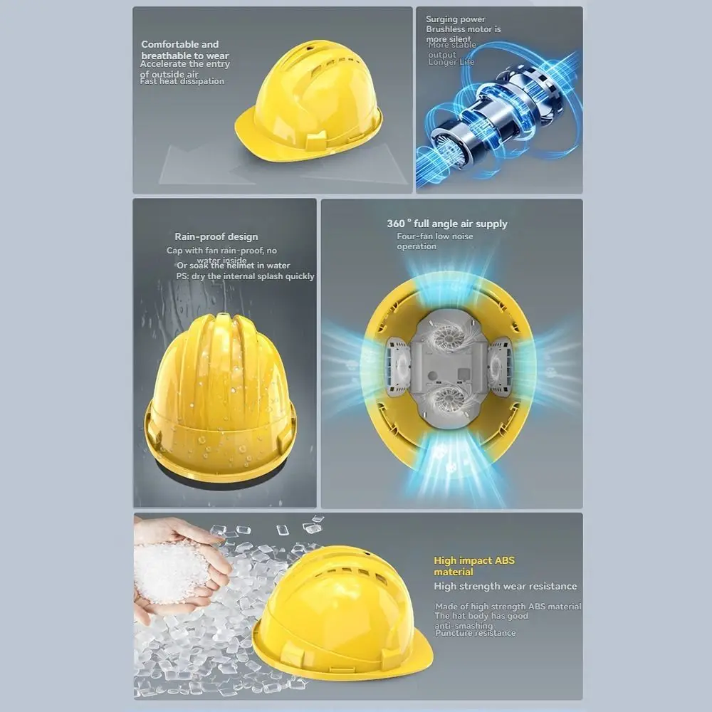 4 Gears Rechargeable Fan Helmet Waterproof Adjustable Site Protective Cap Cool Silent Construction Work Helmet Construction Site