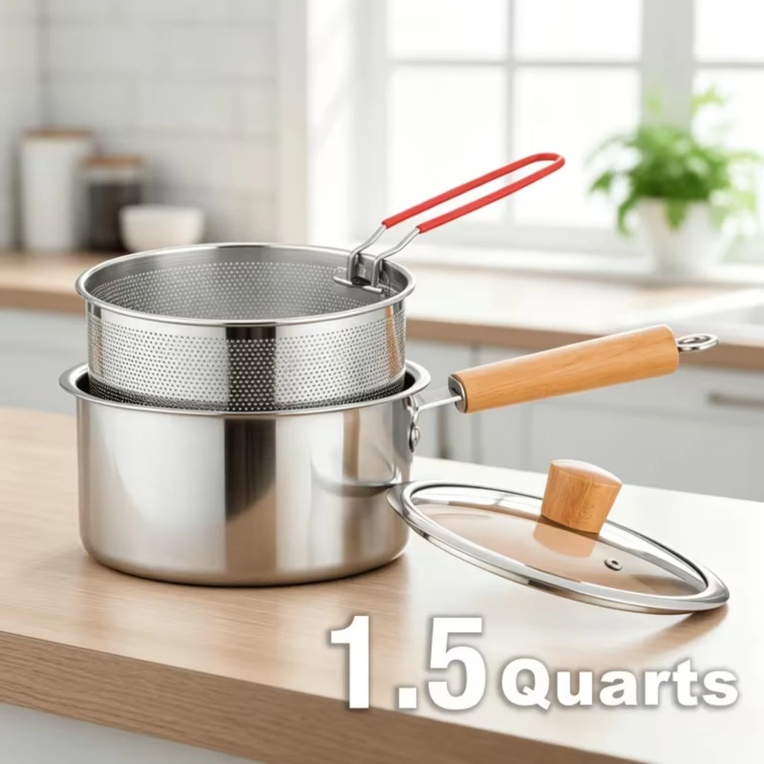 Multifunctional Stainless Steel Kitchenware Set (Including Frying Basket And Glass Lid) – For Induction Cookers And Gas Stoves.