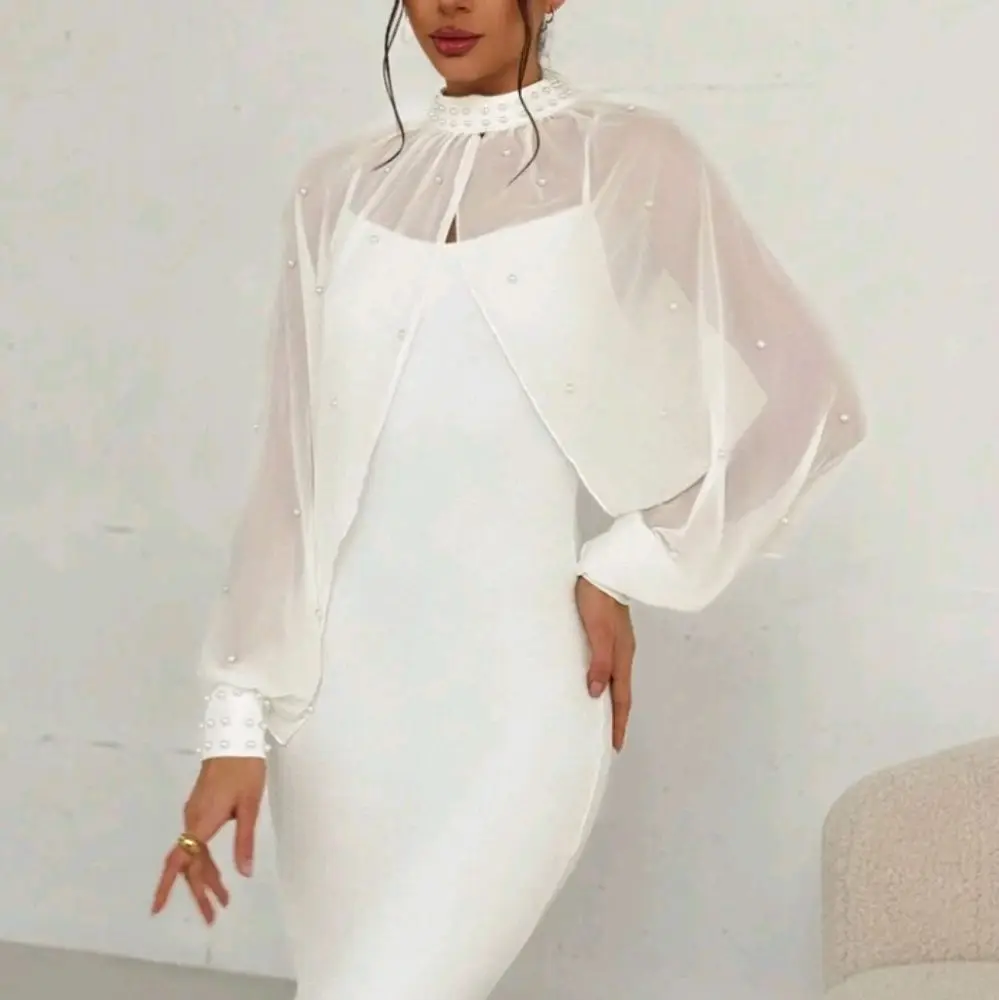 

Шифоновые свадебные болеро с жемчугом и бисером, куртка невесты с длинными рукавами и высоким вырезом, вечерние свадебные плечи, женские накидки, накидки