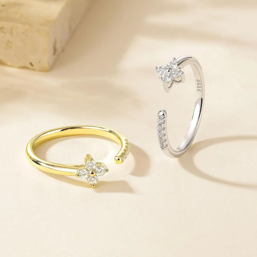 Trumium 1.8mm S925 Sterling Silver Stackable Clover Flower Rings for Women Open Adjustable Anniversay Dainty CZ Eternity Band