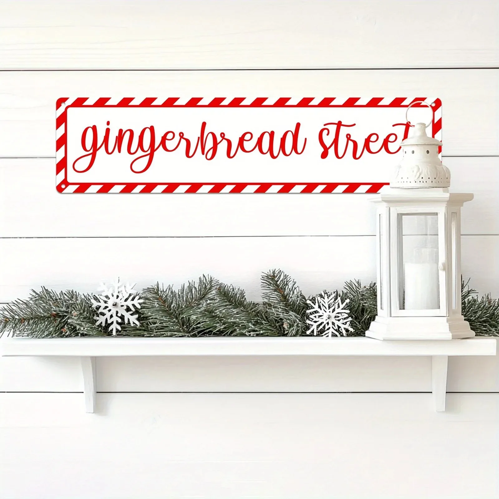 1pc 2D Flat Vintage Christmas Gingerbread Street Custom Metal Wall Sign 4x16Inch 10.16x40.64cm, Farmhouse‑Style Holiday Plaque,