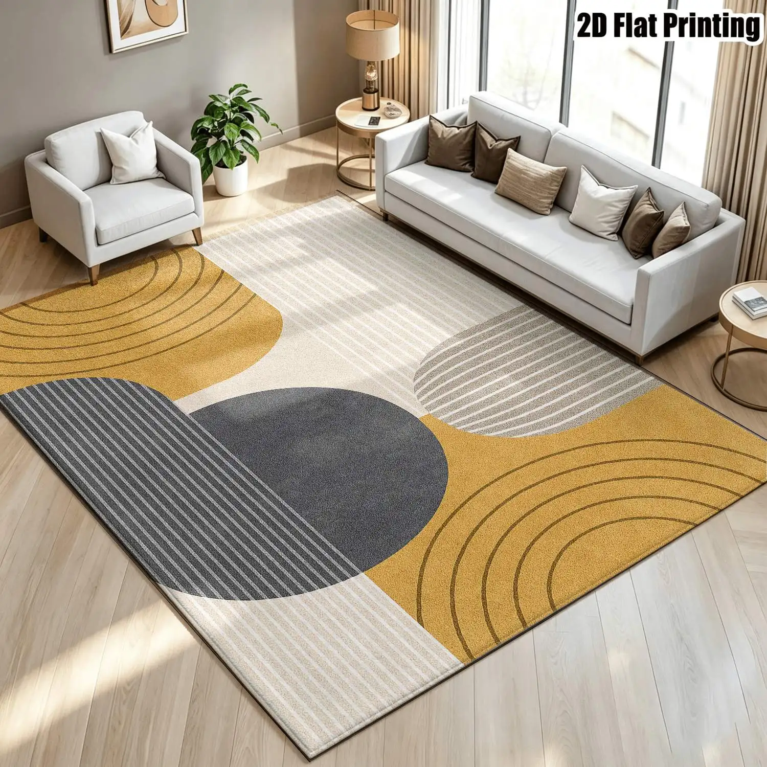 1Pc 2D Printed Carpet: Yellow-Grey Geometric Abstract Nordic Style, Instagram-Inspired Modern Minimalist Floor Mat, Machine Washable, Multi-Size, Suitable for Home Decor, Entrance/Dining/Foyer/Living Room/Bedroom Use