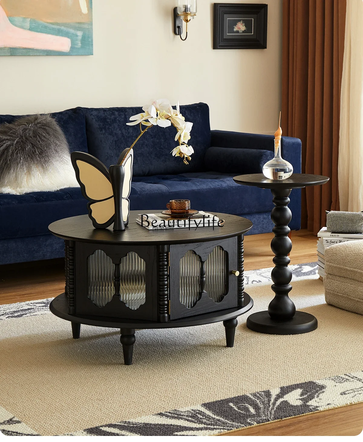 

lFrench retro solid wood coffee table round American tea table