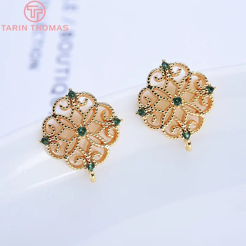 (1927)4PCS 10x12MM 24K Gold Color Brass with Zircon Hollow Rectangle Stud Earrings High Quality Diy Jewelry Findings Accessories
