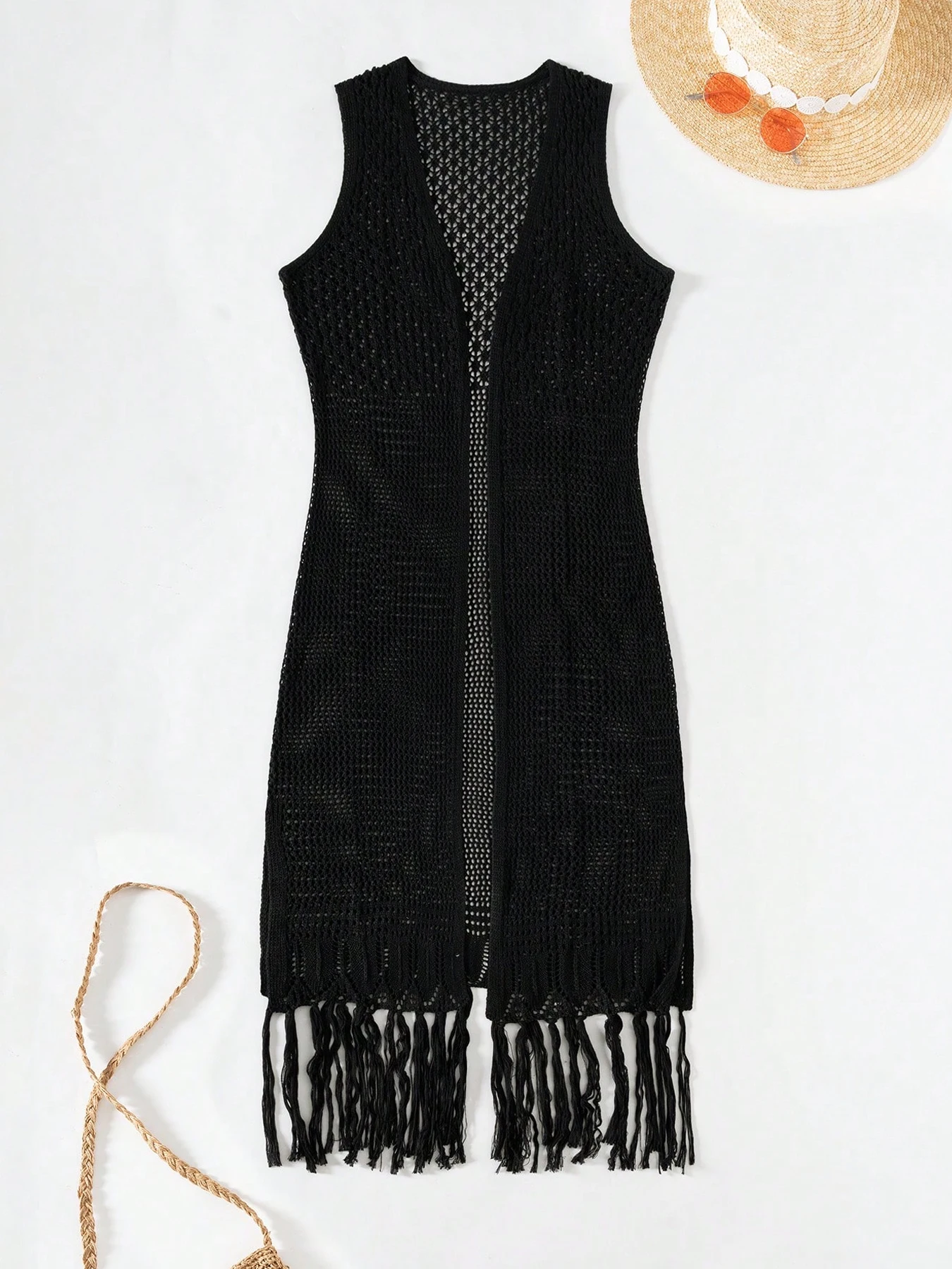 Traje de baño de estilo largo tejido para cubrir vacaciones en la playa vestido sin mangas calado con borla bata de protección solar de moda