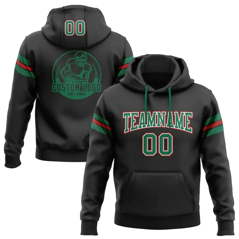 Sweat-shirt de football imprimé en 3D personnalisé, pull noir Kelly vert et blanc, sweat à capuche de sport