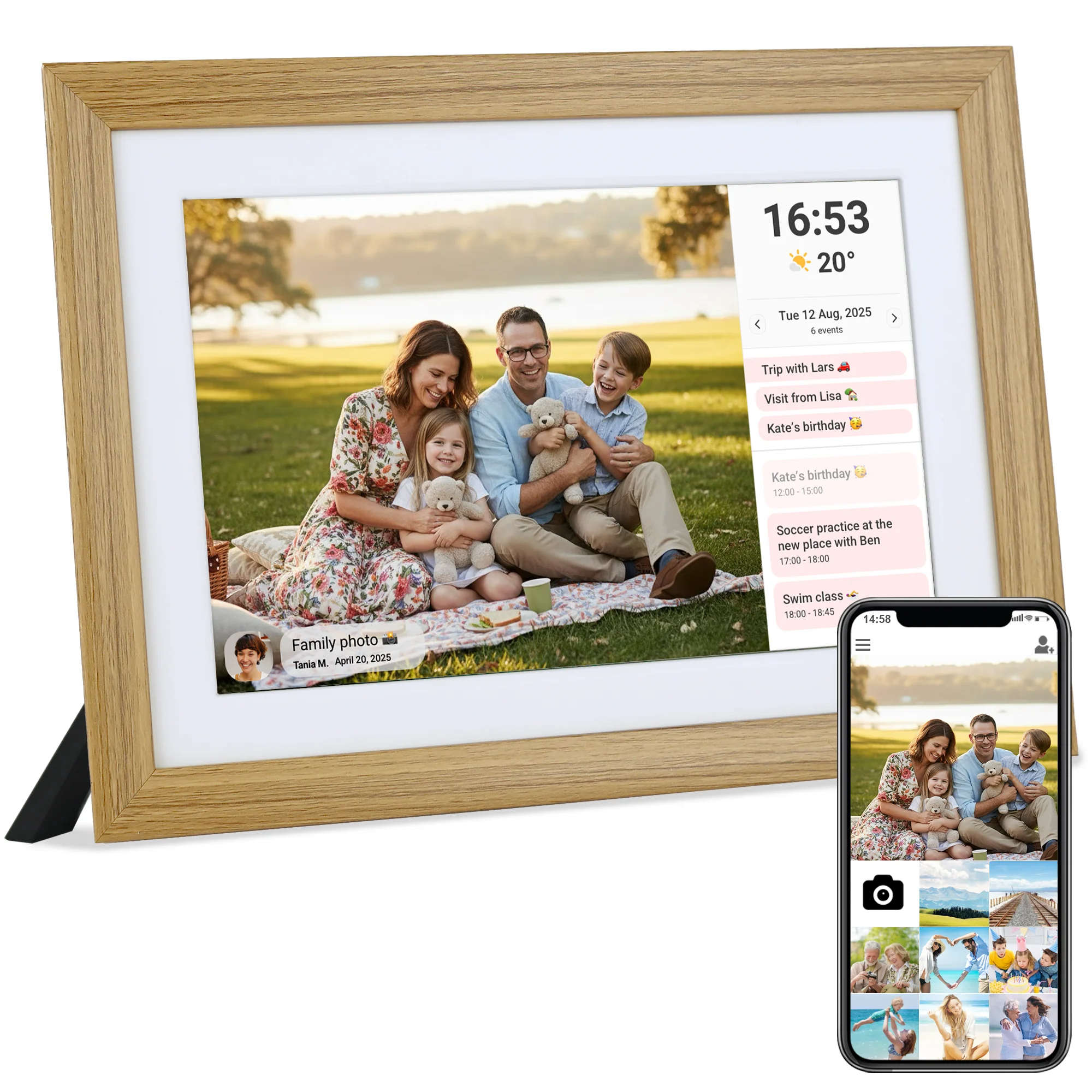 Modern Elegant Grey Wood Digital Photo Frame 1280x800 HD 32GB WiFi Acrylic Family Calendar