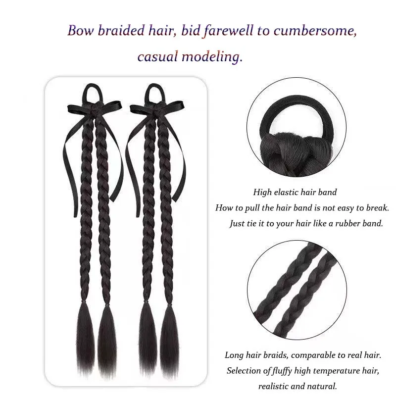 2pc Synthetic Braided Twist Braids ponytail Hair Extension Black Wig Long Ponytail Hair Band Rubber Band Women's Realistic Wig