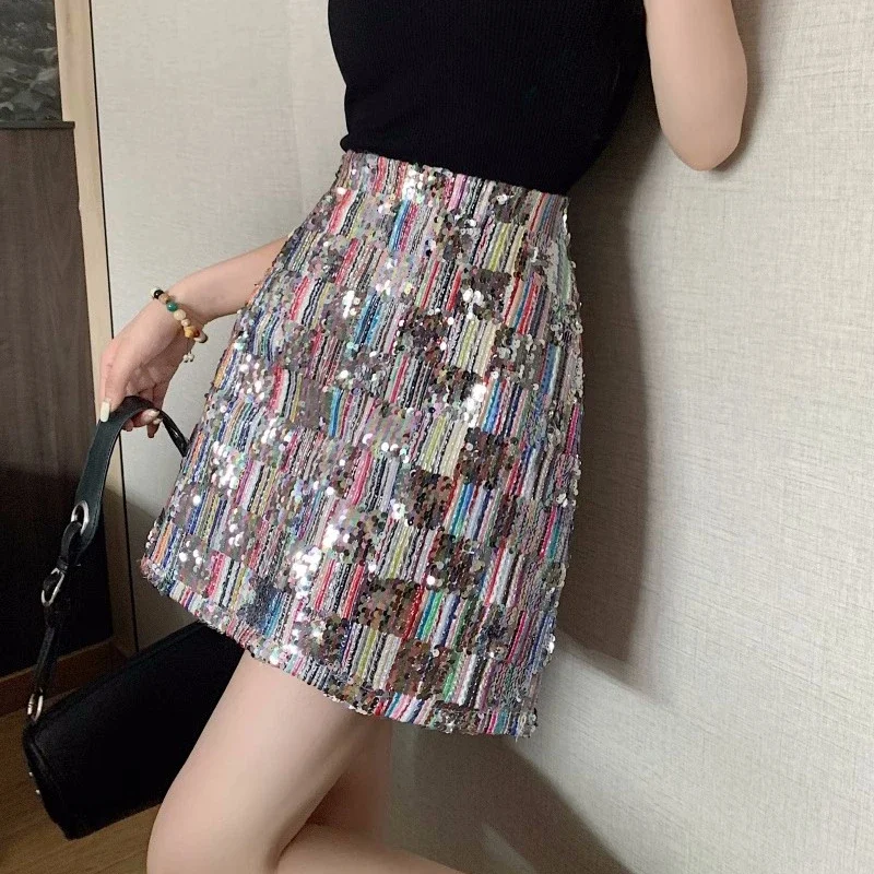 

Colorful Sequined Short Skirt High Waist Rainbow Striped Sequins Mini Skirts