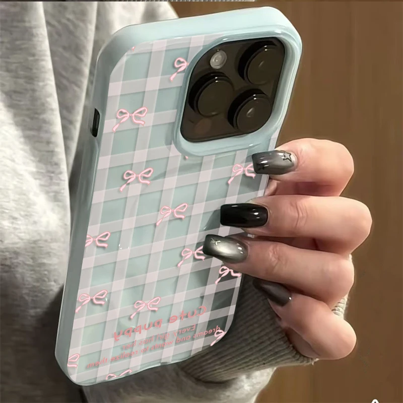 Checkered Pink Bow Phone Case For IPhone 17 Air 16 15 14 13 12 11 Pro Max Girl Cover For iPhone 16 15 14 Plus 13 12 Cover Funda view 2