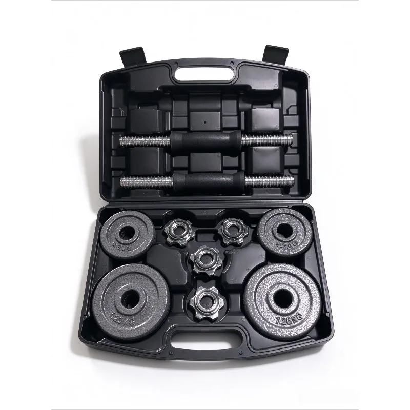10kg Adjustable Weight Dumbbell and Cast Iron Barbell Set  Black Rubber-Coated Bar Set / Satin-Finish Bar Set