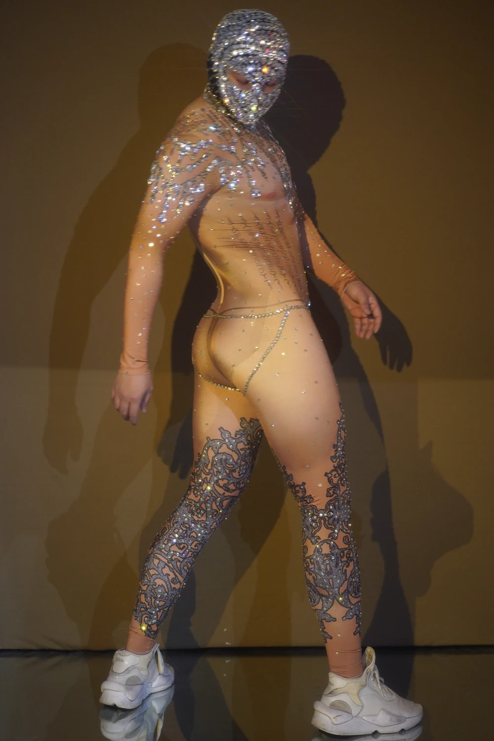 Combinaison avec des strass scintillants pour hommes, justaucorps élastique, couvre-chef, Sexy, DJ, tenue de discothèque, Costume de danse, spectacle, scène