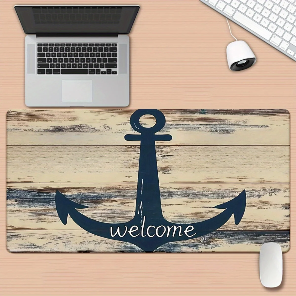 Nautical Anchor Welcome Design Extended Mouse Pad Non-Slip Rubber Desk Mat for Gaming Office
