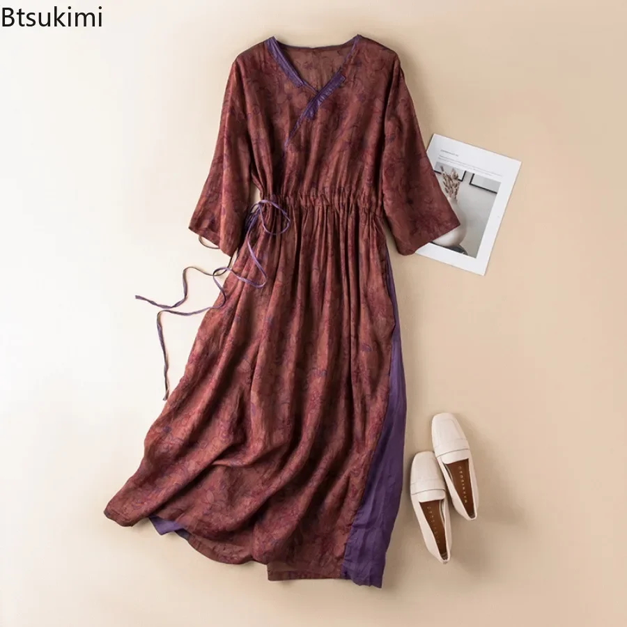 2024 New Women\'s Cotton Linen Dress Fashion V-neck Floral Print Vintage Lace-up A-Line Long Dresses Females Kimono Robe Vestidos