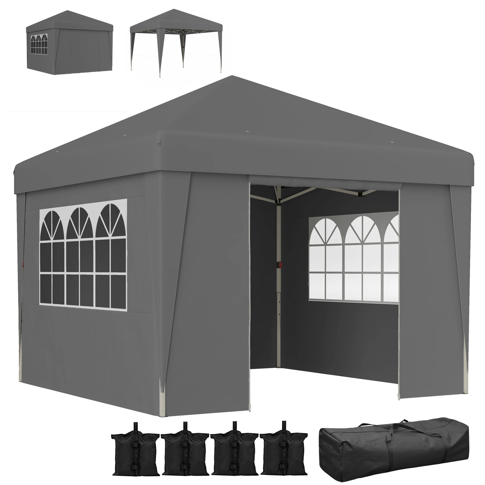 Outsunny Carpa Plegable de Jardín Ardon 3x3x2,75 m anti-UV 30+ con Ventanas + Paredes Laterales + Bolsa de Transporte gris oscuro