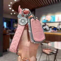 for Cadillac Key Fob Cover with Keychain, Pink Genuine Leather Crystal Key Case Protection Shell Compatible with Cadillac Escal