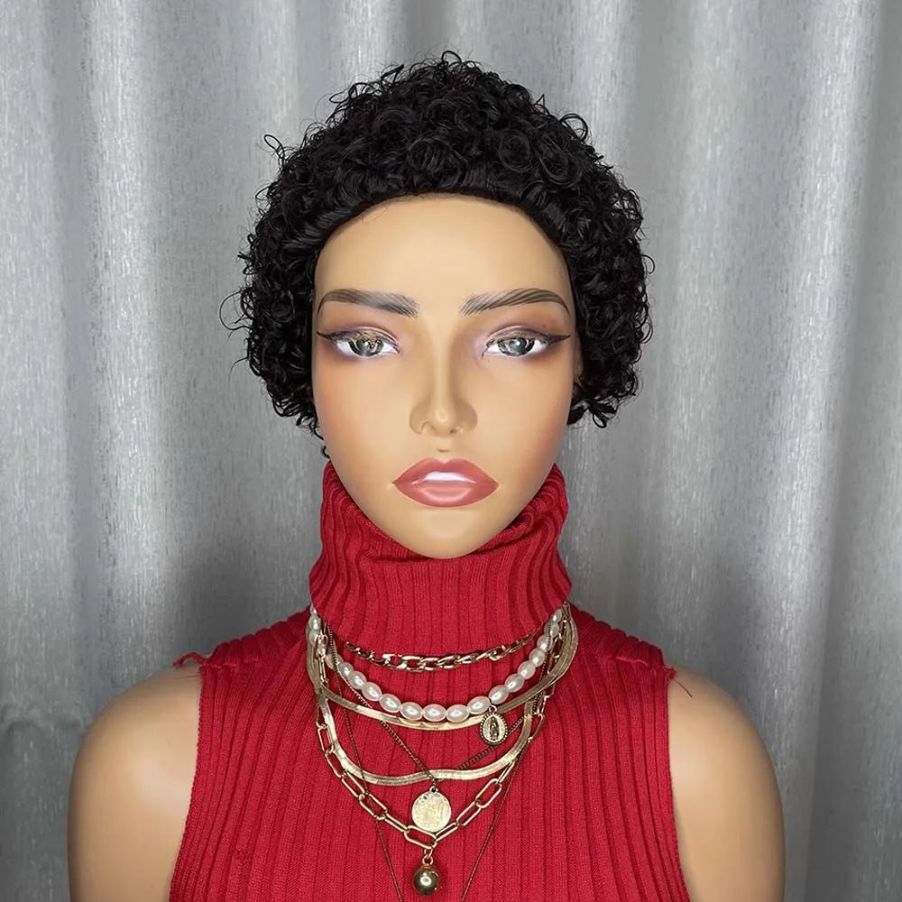 흑인 여성용 픽시컷 가발, 짧은 곱슬 레이어드 가발, 기계 제작, 자연스러운 검정색 인모 가발, 일상용