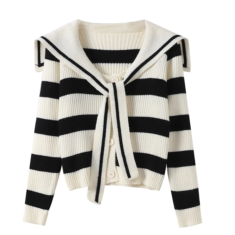 

Autumn Sailor Collar Cardigan Women Single-breasted Long-sleeved Striped Sweater Casual Fashion Preppy Style Knitwear