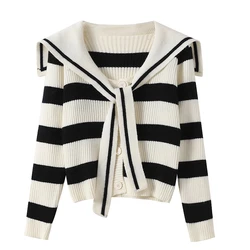 Cardigan de gola marinheiro listrado de peito único feminino, malha estilo formal, moda casual, outono