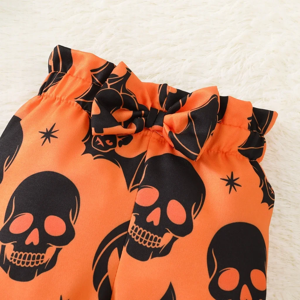 0-18 Months Newborn Baby Girl Halloween 2PCS Clothing Set Pumpkin Long Sleeve Bodysuit+Skull Pants+Headwear Holiday Outfits  ﻿