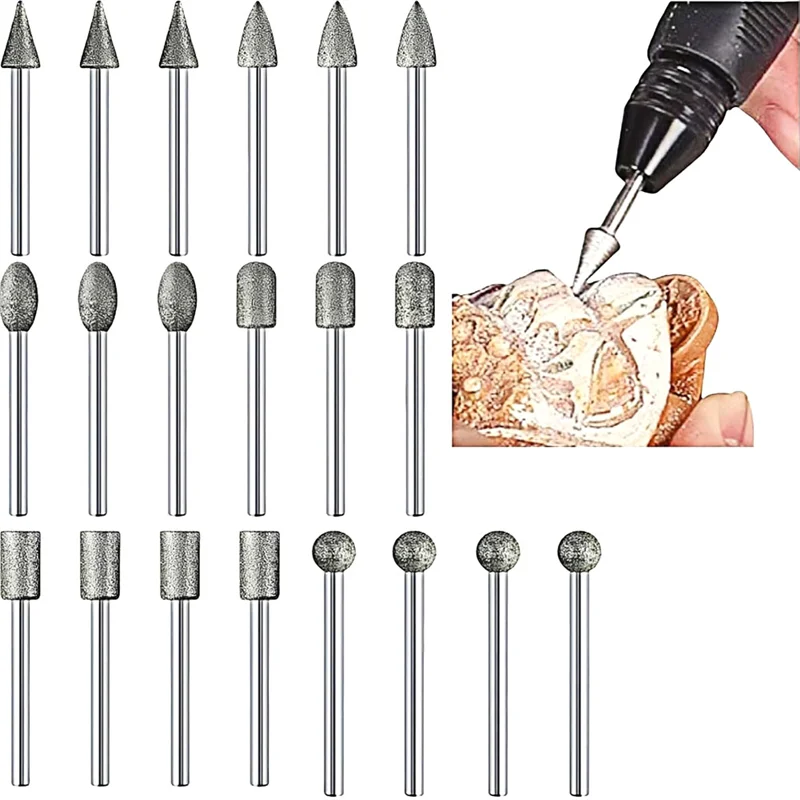 

M11K-Diamond Grinding Bits 20Pcs, 1/8" Shank 120 Grit Diamond Coated Rotary Burr Set-Fits Most Rotary Tools, Jewelry Making