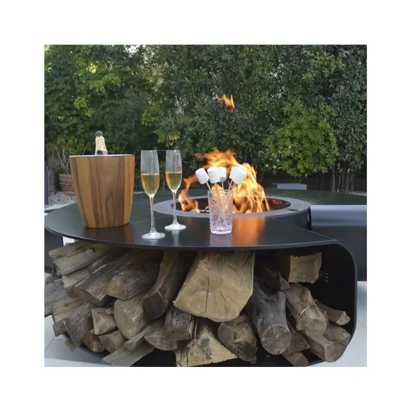 Custom Design Outdoor Rusty Metal Fire Bowl with Bbq Grill Log Wood Rack Storage Chairs Corten Steel Smokeless Fire Pit
