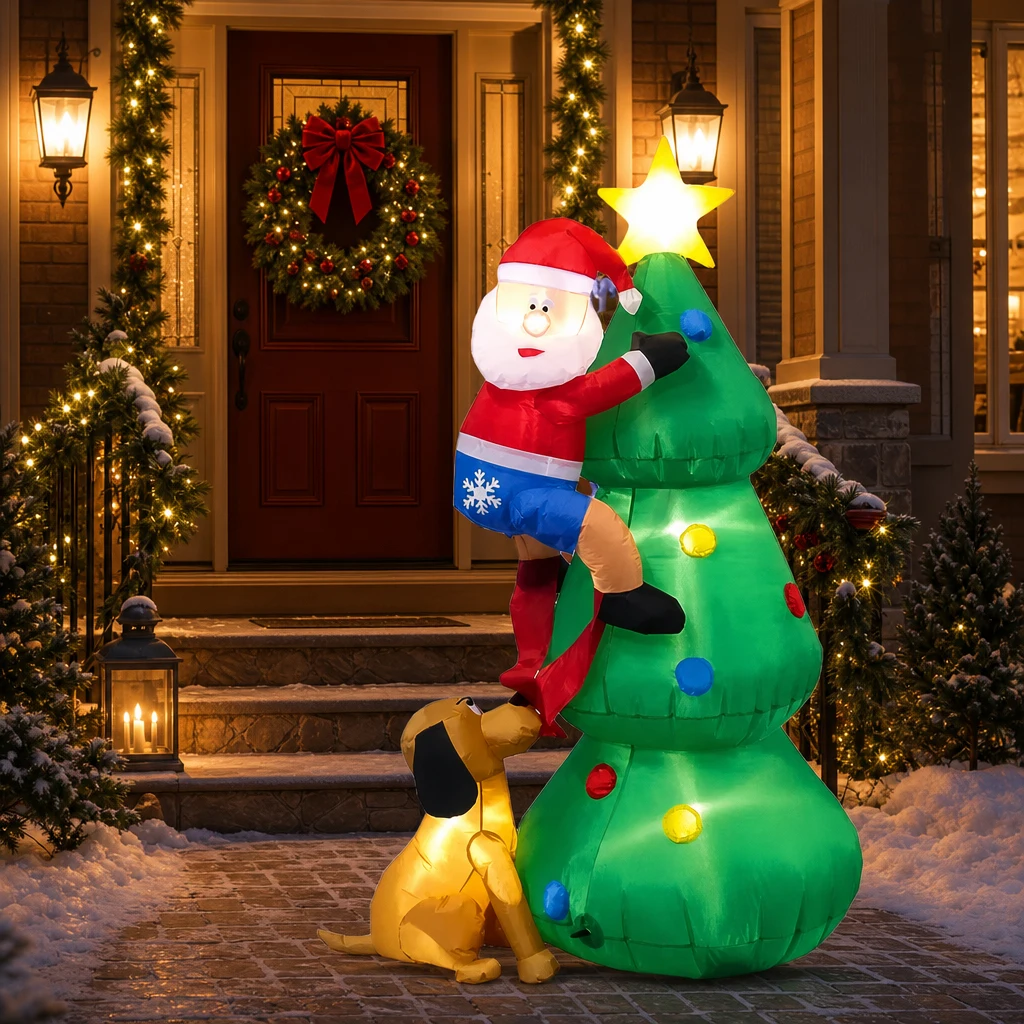 6FT Christmas Inflatable, Santa Climbing Tree with Dog, Blow Up Decoration for Yard Lawn Garden Christmas Holiday Decor