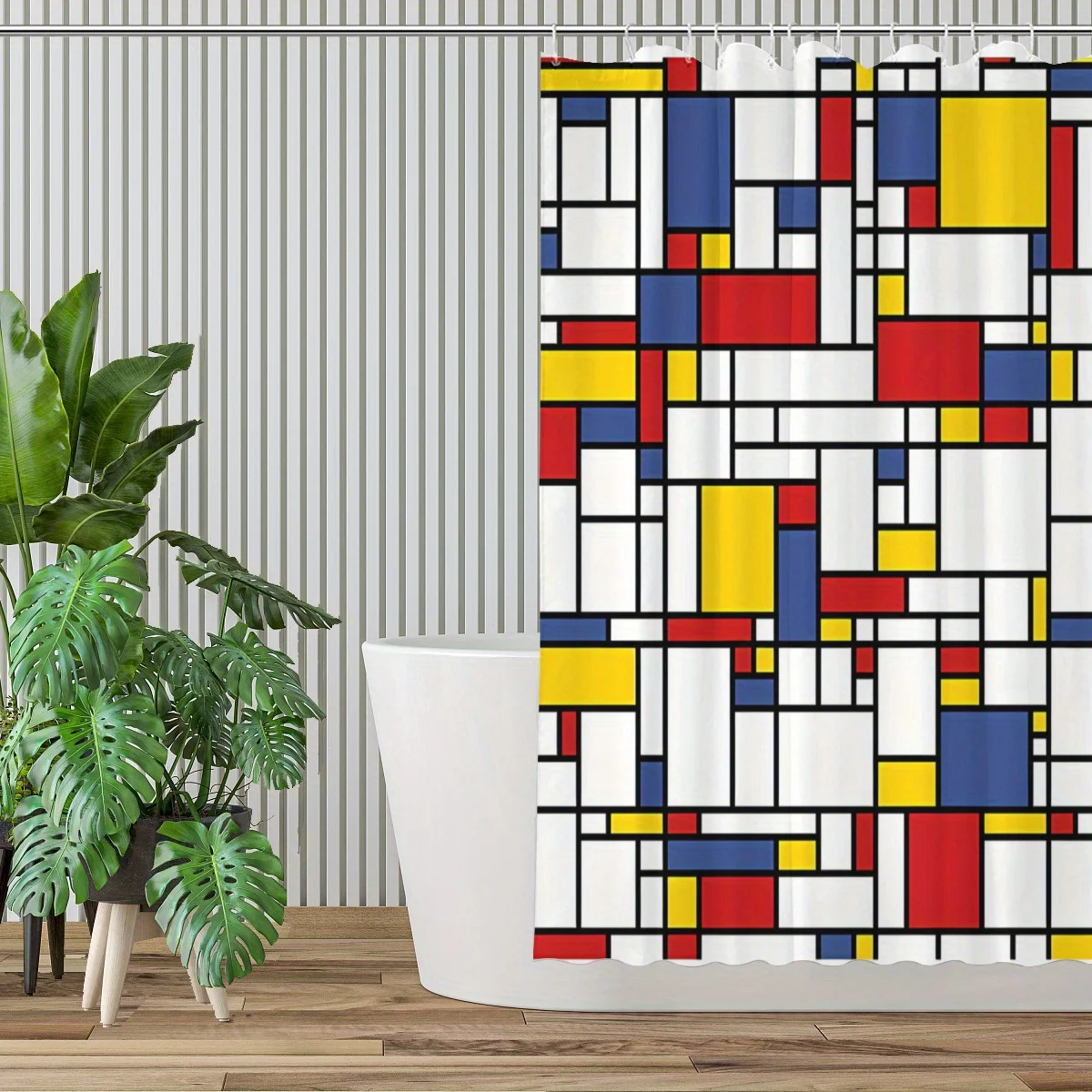 Mondrian Style Shower Curtain, Abstract Geometric Color Block Print Waterproof Bathroom Decor, Modern Art Home Bath Screen
