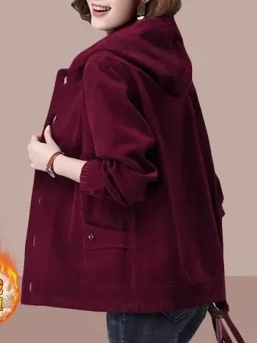 

Thickened Corduroy Hooded Jacket Women's Autumn Winter Loose Fit Casual Mom Clothes Fleece Lined Large Size Korean Style