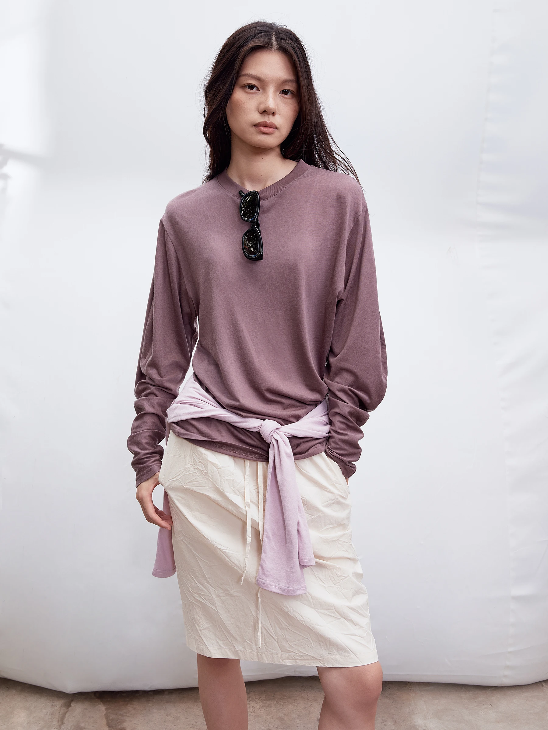 Soft Skin-friendly Long Sleeve T-shirt Wool Blend Lyocell Polyester Cotton Wool Versatile Basic SHKUCO Neutral Loose Fit roun...
