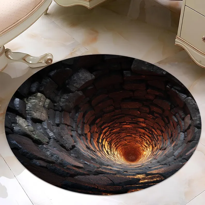 Lava Abyss Round Rug 3D Illusion Stone Carpet Fiery Glow Flo