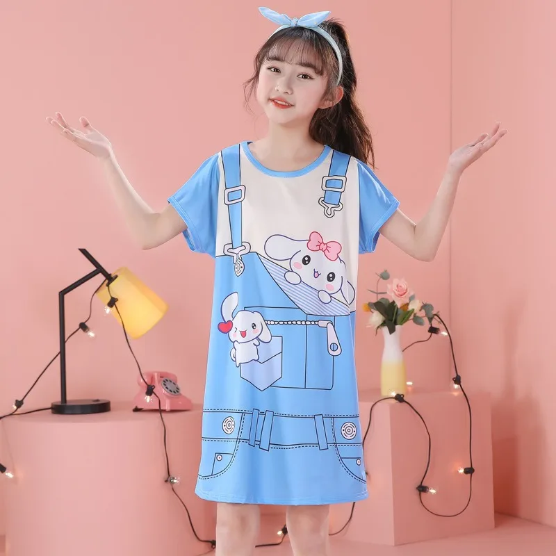 2024 Summer Girls Cute and Sweet Pajamas Mid Length Loose Children's One Piece Short Sleeves Home Dress Children Clothing