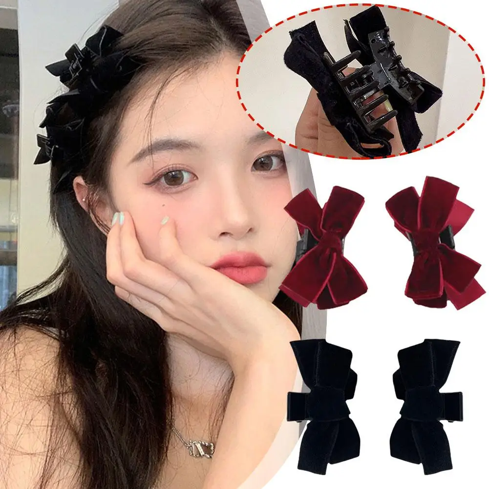 NEW 2PCS Black Velvet Bow Hair Pins Elegant Fabric Hair Alloy Roses Princess Barrette Velvet Hairpins Ponytail Headwear Cli Y2E3