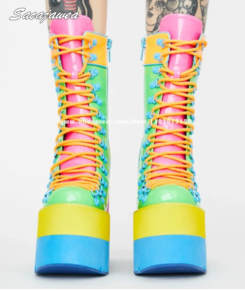 Retro Rainbow Wedge Side Zip Mid Calf Boots Round Toe Platform Size 35-43 Casual Boots Mixed Color Y2K Height Increasing Shoes