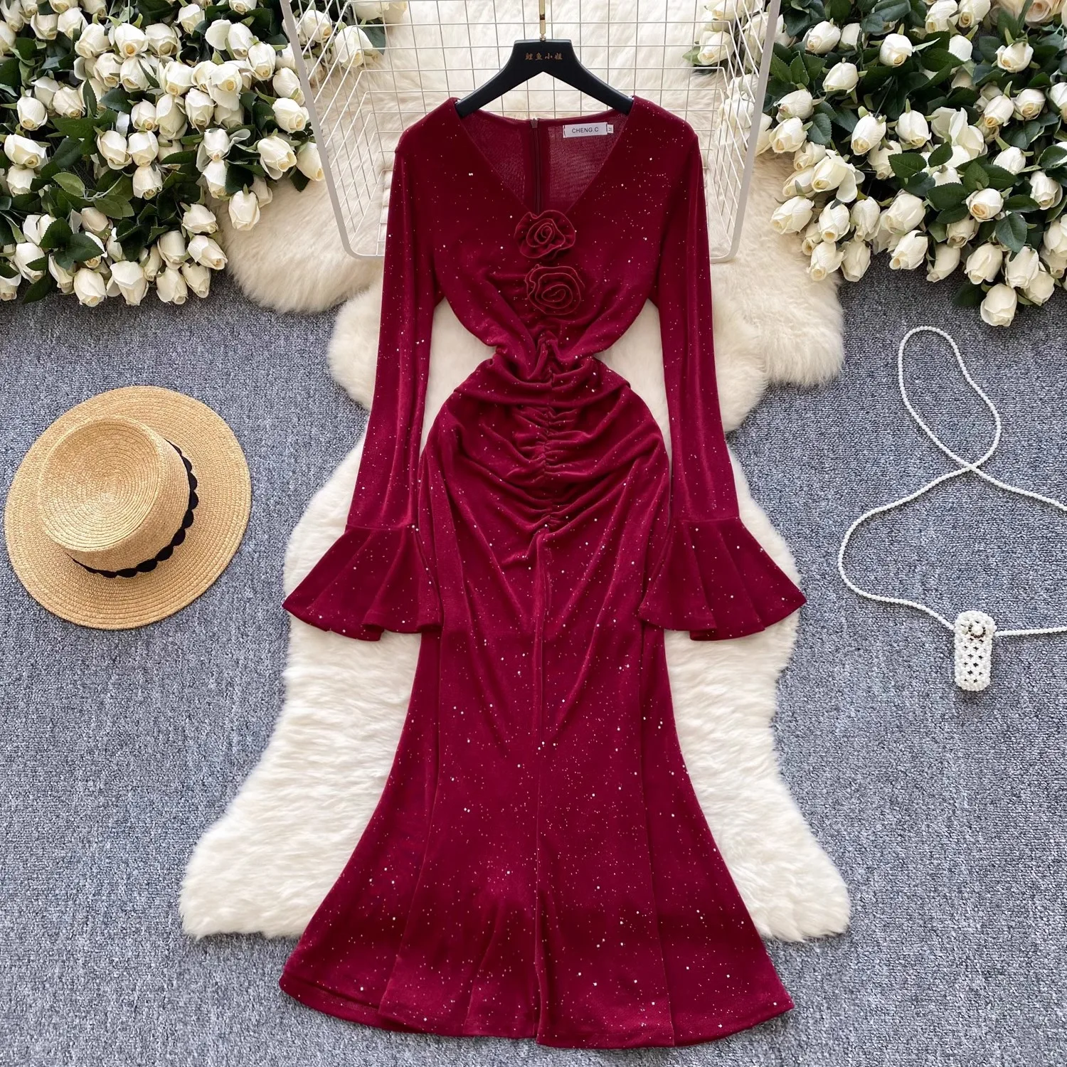 New Spring Red 3D Flower Glitter Sequin Pleated Mermaid Dress Elegant Women V Neck Flare Sleeve Ruffled Slim Party Midi Clothes