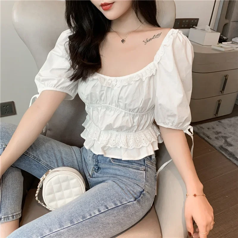 White Blouse Korean Style Vintage Sexy Women Square Neck Puff Sleeve Solid Chiffon Ruffle Ruched Shirt Ladies Summer Crop Top