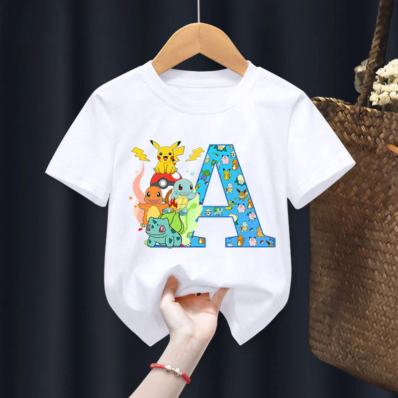 Anime Pokemons T-shirts for Children Pikachu Cartoon Letter Printed Short-sleeved Top Boys Girls Summer Fashion Sports T-shirt